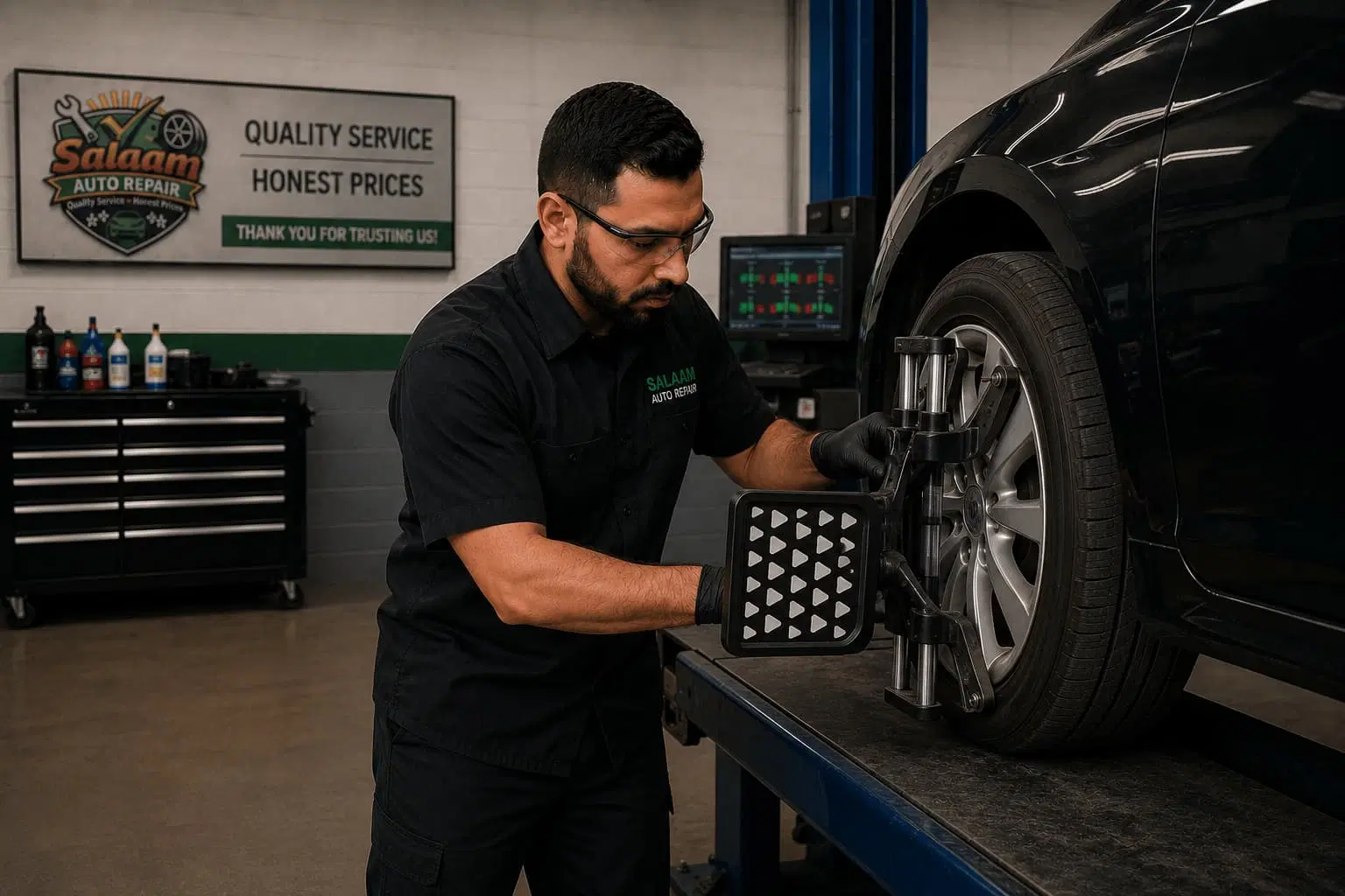 Wheel alignment service at Salaam Auto Repair